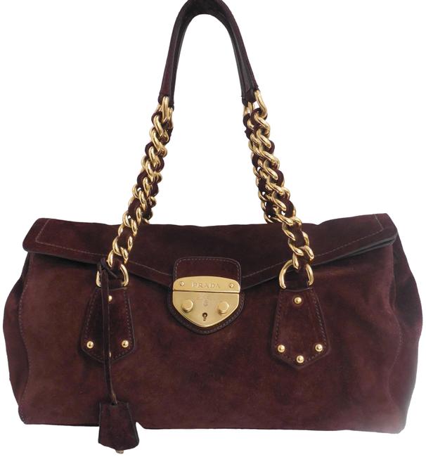 Prada Gold Chain Key Lock Italy Brown Suede Leather Shoulder Bag
