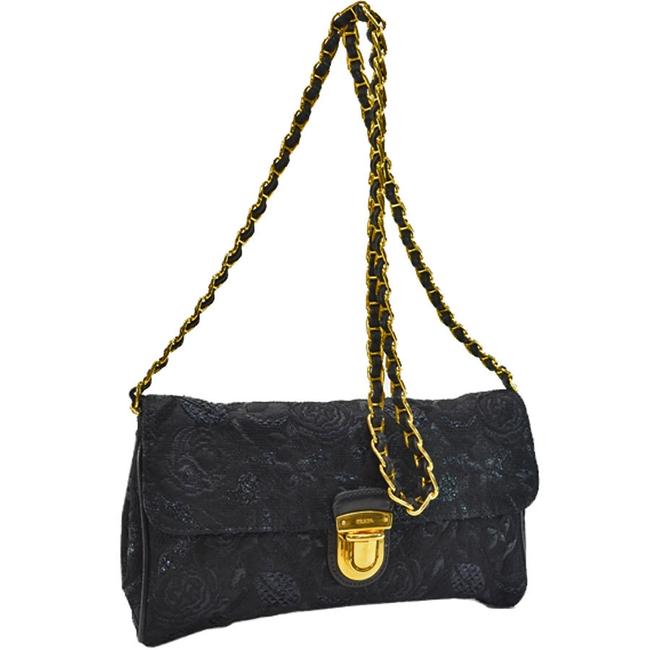 Prada Gold Ladies R6898 Black Leather Shoulder Bag
