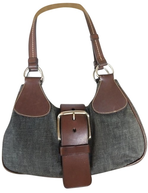 Prada Gray Denim Brown Leather Shoulder Bag