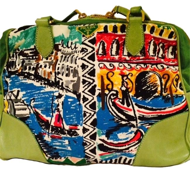 Prada Green Canvas Leather and Nylon Shoulder Bag