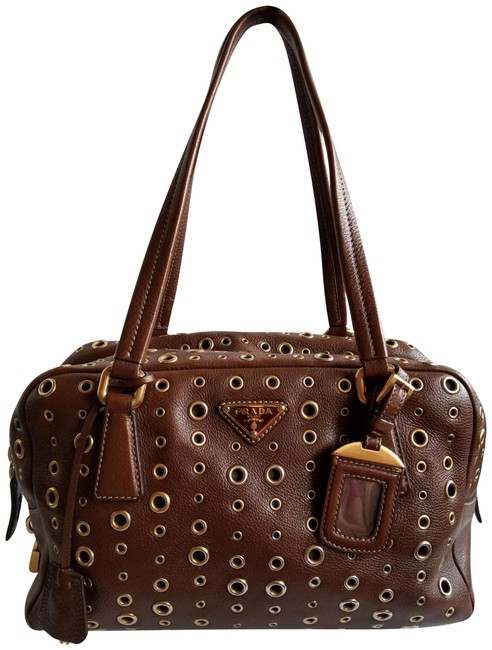 Prada Grommet Brown Leather Shoulder Bag