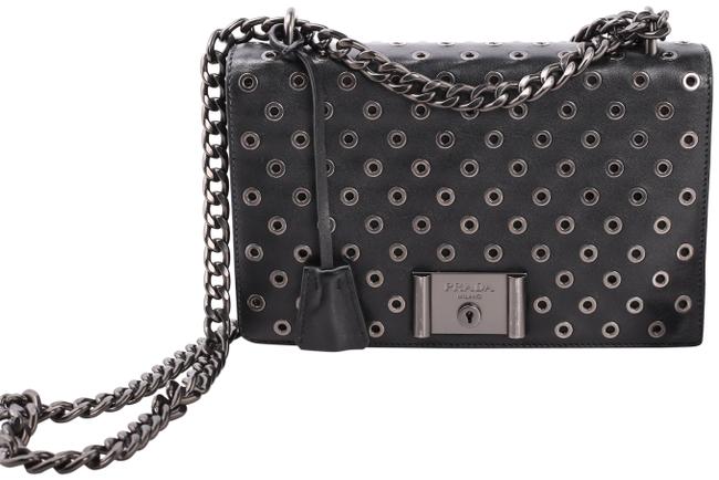 Prada Grommet Chain Black Leather Shoulder Bag