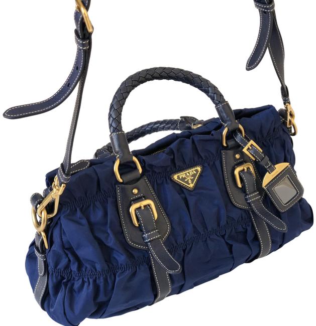 Prada Guafre Satchel Navy Blue Nylon and Leather Shoulder Bag