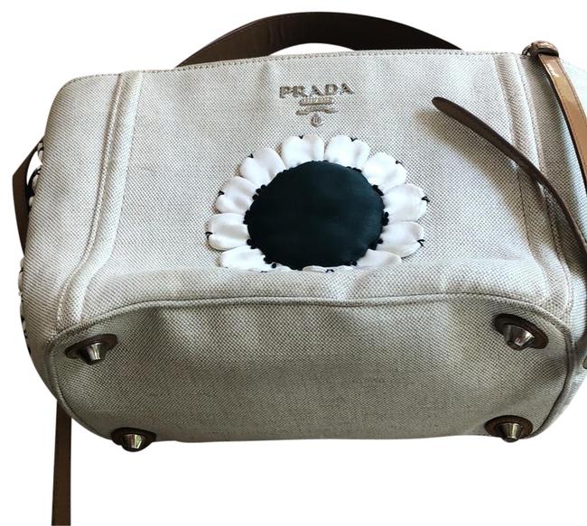 Prada Handbag BeigeBrownEmerald Green LeatherCanvas Shoulder Bag