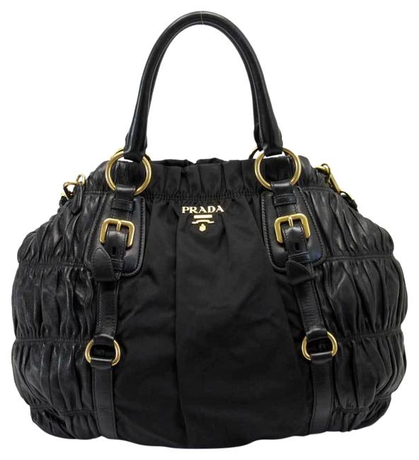 Prada Handbag Ladies H21464 Black  Gold Leather  Nylon Shoulder Bag