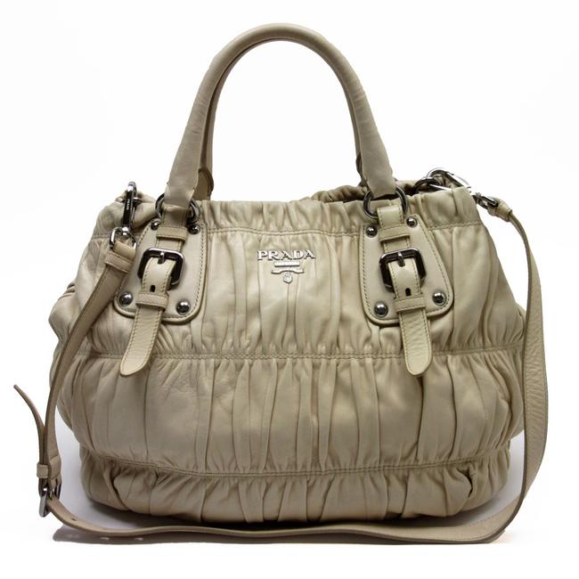 Prada Handbag Ladies N9087 Beige  Silver Leather Shoulder Bag