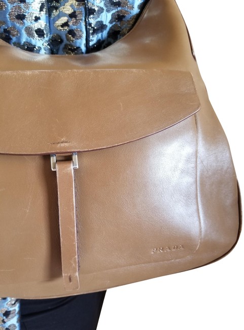 Prada Hobo Brown Nylon Strap Leather Shoulder Bag