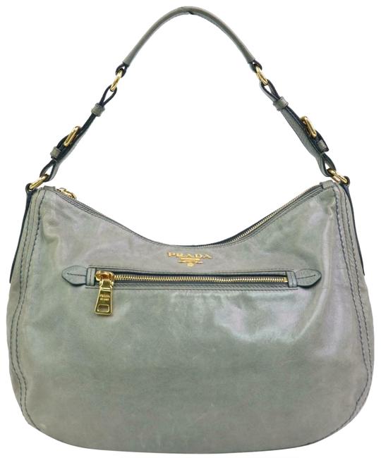 Prada Hobo Grey blue Zip 870353 Gray Leather Shoulder Bag