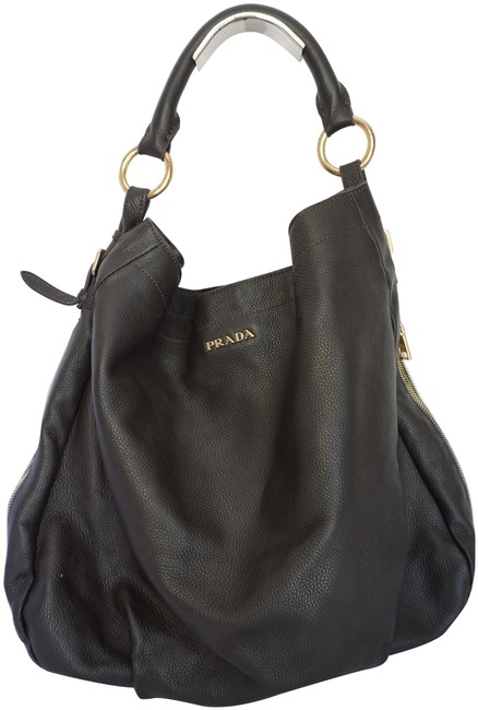 Prada Hobo Handbag Classic Xxl Zip Sides Brown Leather Shoulder Bag