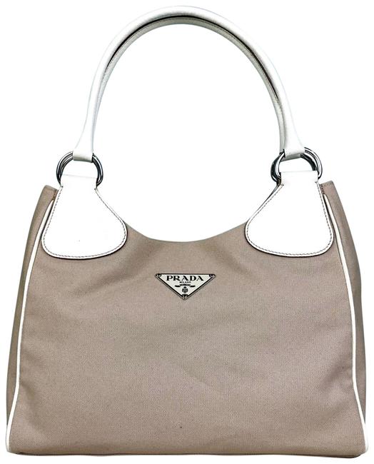 Prada Ivory Leather Trim Logo Sale Beige Canvas Shoulder Bag