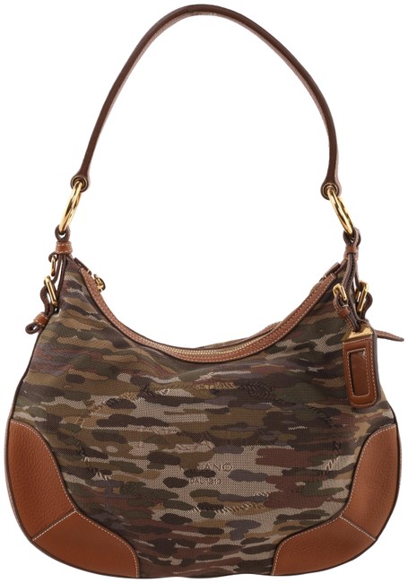 Prada Jacquard Camo GreenBrown Canvas Shoulder Bag
