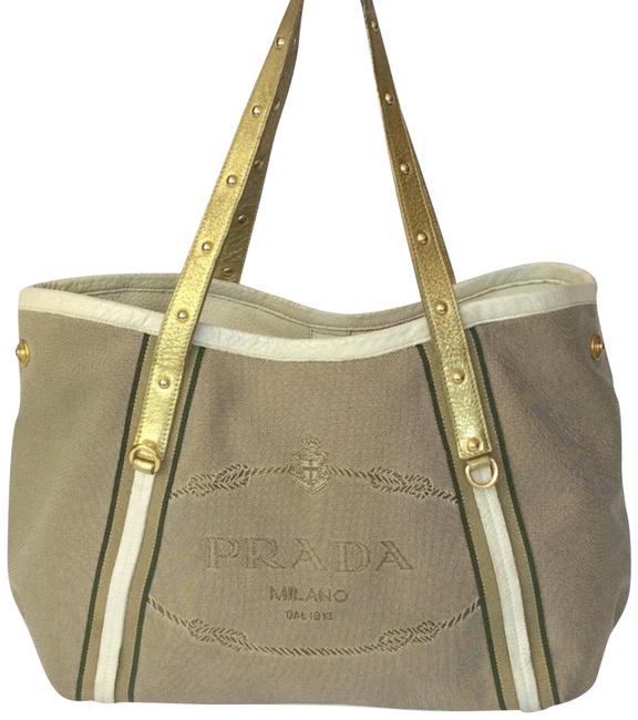 Prada Large Tote BiegeGold Canvas Shoulder Bag