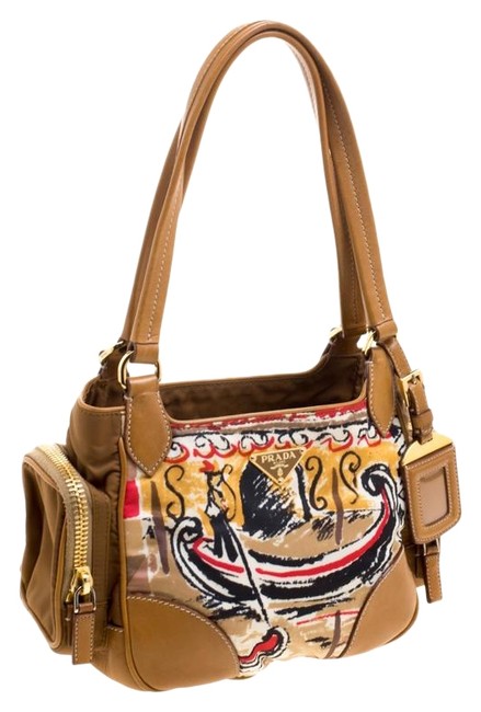 Prada Leather and Printed Side Pocket Brown Nylon Shoulder Bag