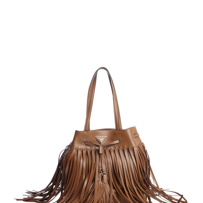 Prada Bucket Leather Fringe Camel Shoulder Bag