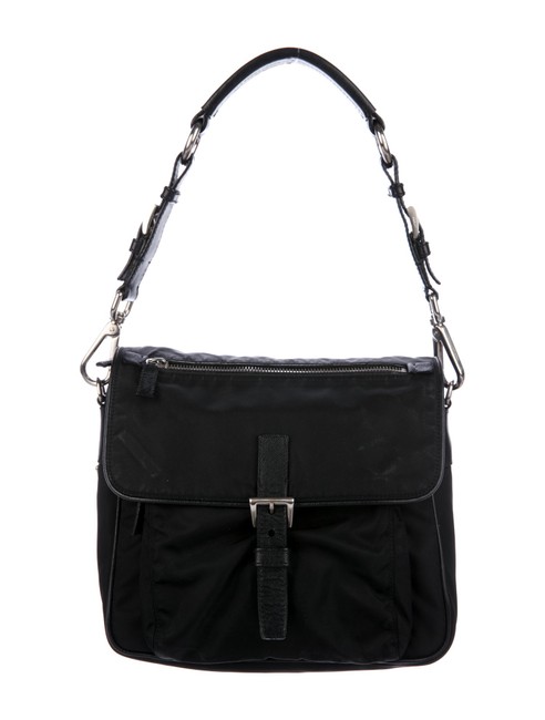 Prada Leather trimmed Tessuto Black Nylon Shoulder Bag