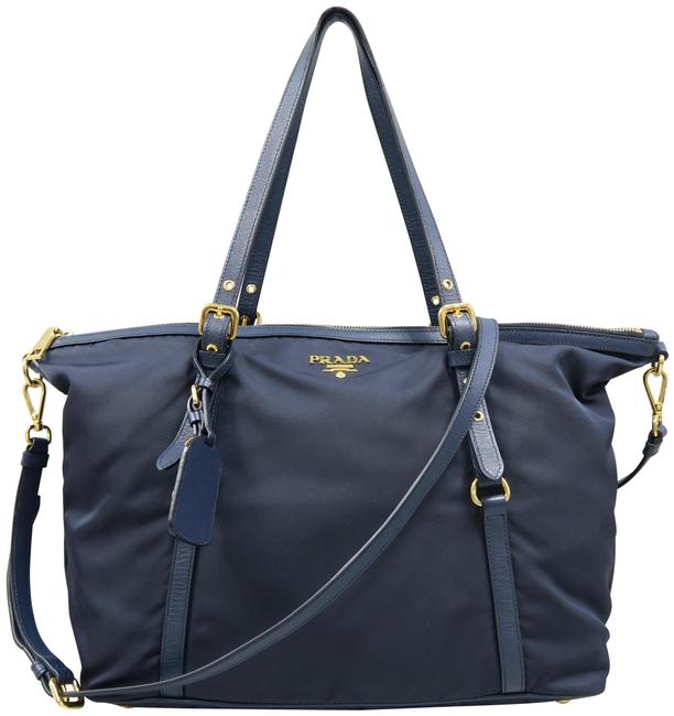 Prada Leather trimmed Tessuto Deepblue Canvas Shoulder Bag