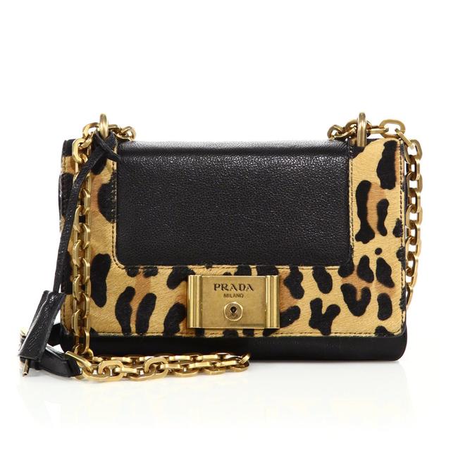 Prada Leopard Chain Strap Black Leather Calf Hair Shoulder Bag
