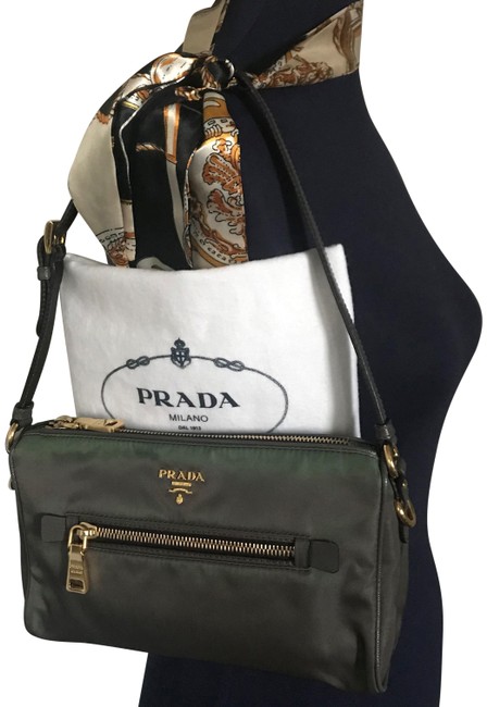 Prada Like New Saffiano Green Two Tone Leather Nylon Shoulder Bag
