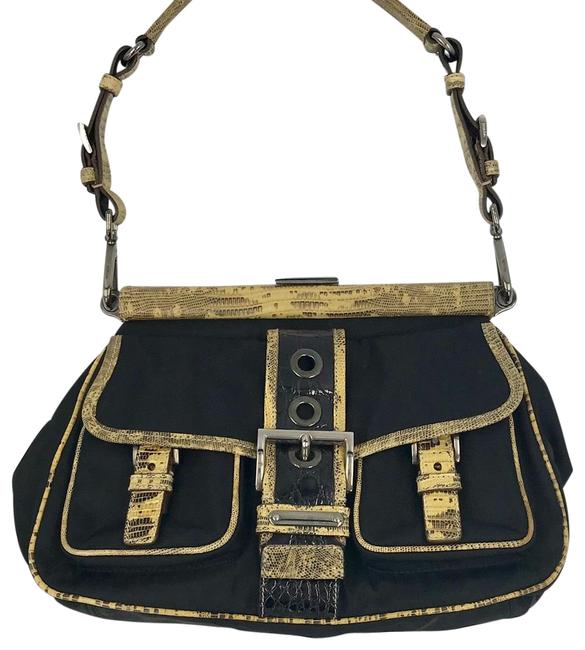 Prada LizardCroc Trimmed Nylon Black Shoulder Bag