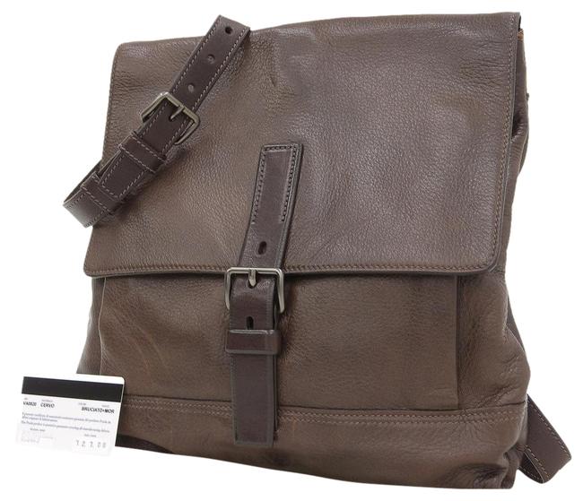 Prada Logo Embossed Brown Leather Shoulder Bag