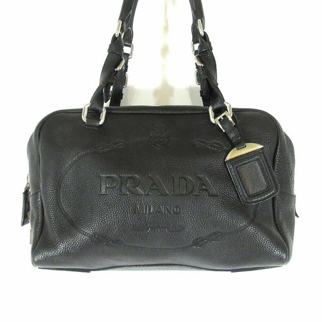 Prada Logo Embossed Handbag Purse Black Leather Shoulder Bag
