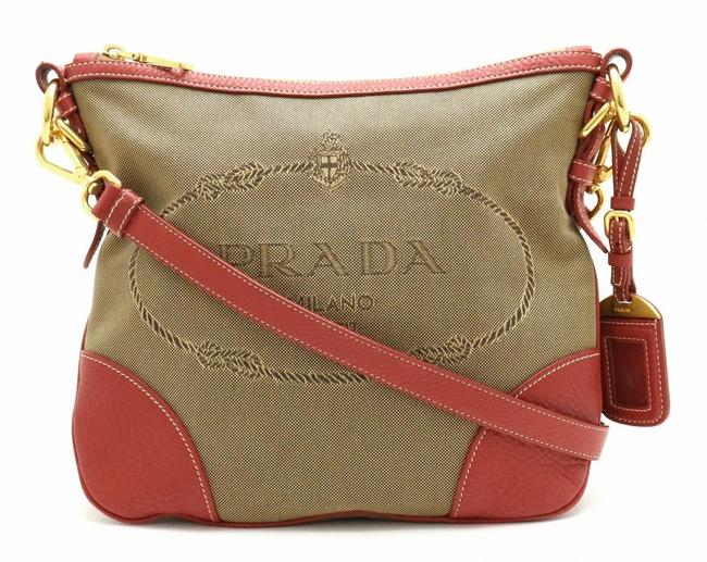 Prada Logo Jacquard Bt0867 Khaki  Red Color Canvas  Leather Shoulder Bag