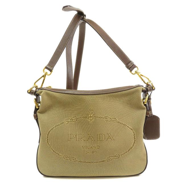 Prada Logo Ladies Beige Canvas Shoulder Bag