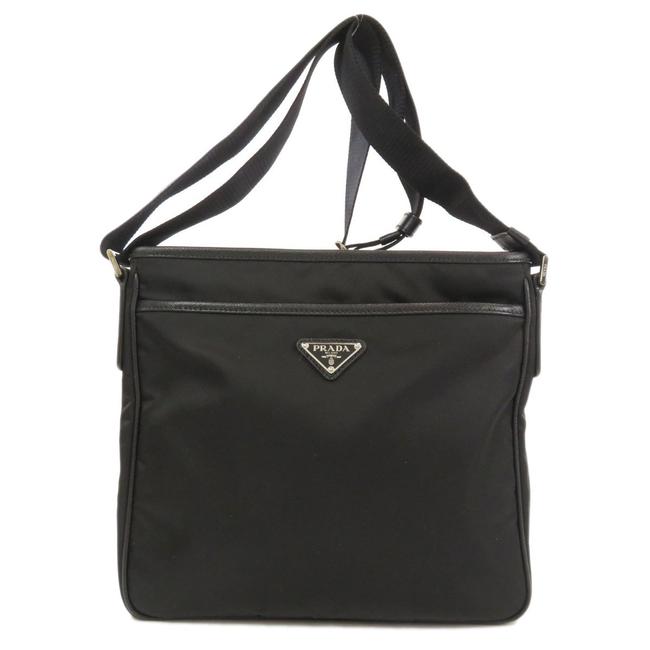 Prada Logo Leather Unisex Black Nylon Shoulder Bag
