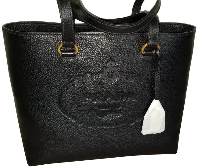 Prada Logo Tote Pebbled Black Leather Shoulder Bag