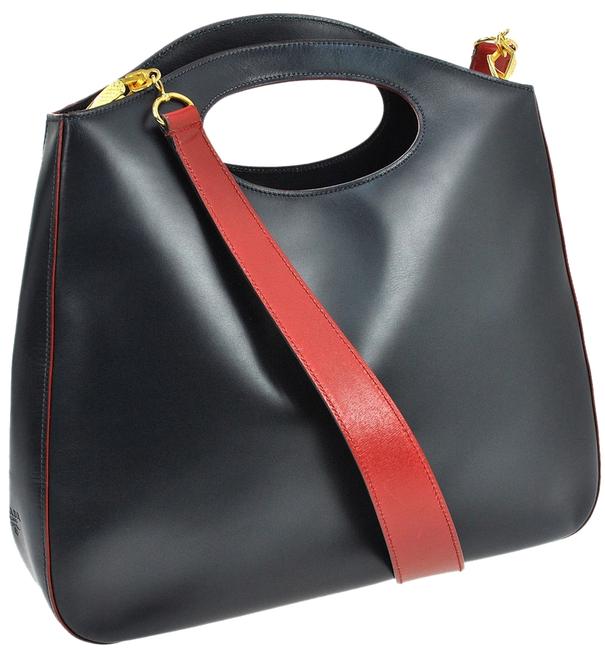 Prada Logos 2way Hand Navy Red Leather Vintage Italy Shoulder Bag