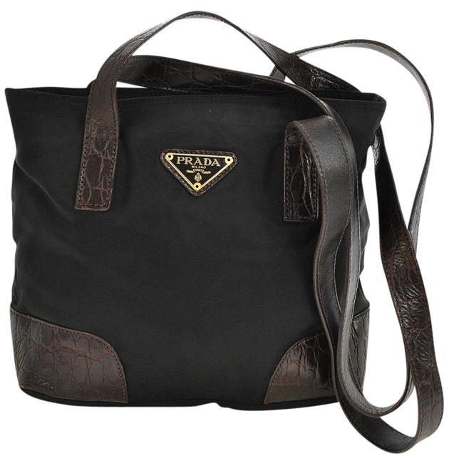 Prada Logos Black Brown Nylon Leather Vintage Shoulder Bag