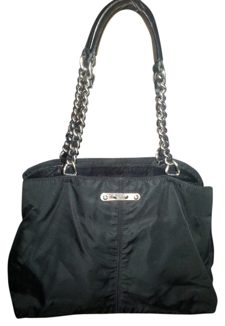 Prada Tote Logos Chain Italy Black Nylon  Leather Shoulder Bag