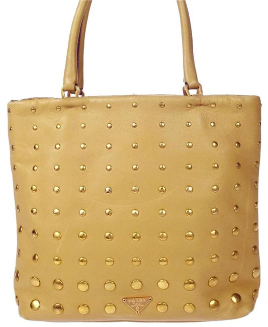 Prada Logos Studded Hand Leather Beige Gold tone Italy Shoulder Bag