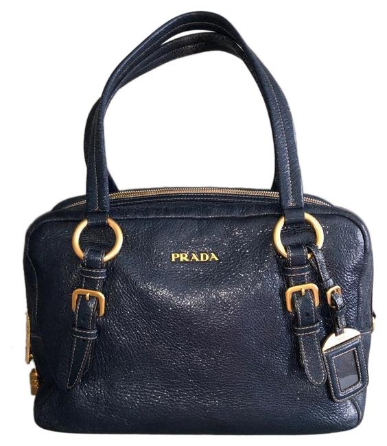 Prada Lux Bauletto Navy Blue Shimmer Leather Shoulder Bag