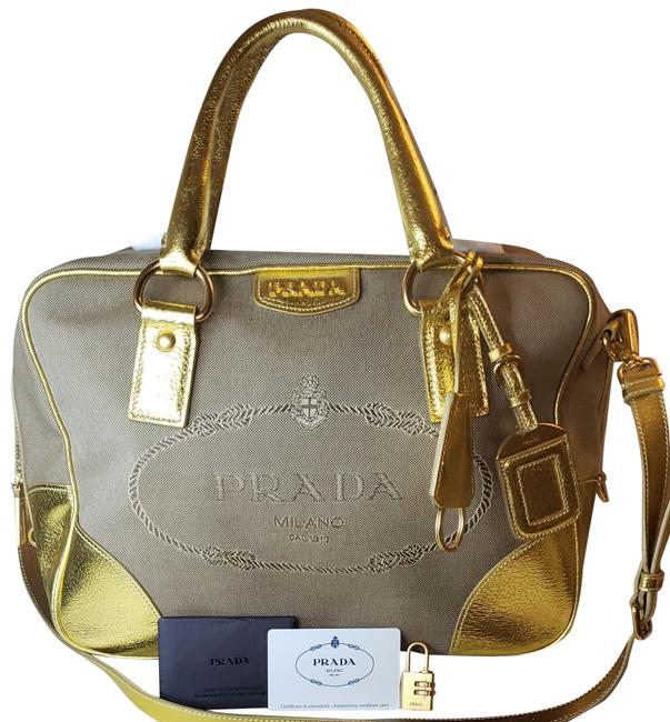 Prada Milano Brown and Gold Logo Jacquard Shoulder Bag