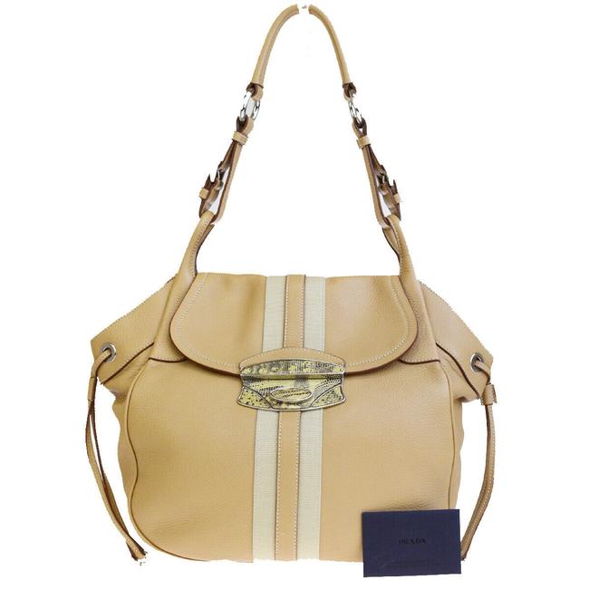 Prada Milano Canvas Italy Beige Lizard Skin Leather Shoulder Bag