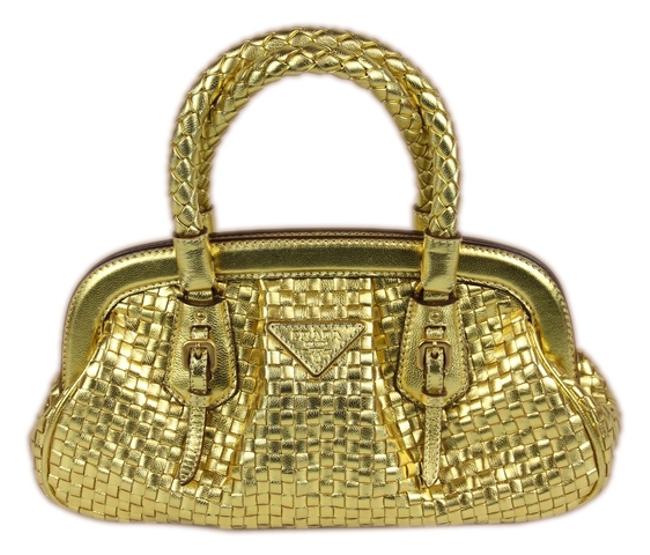 Prada Milano Intreccio Madra Woven Handbag Gold Leather Shoulder Bag