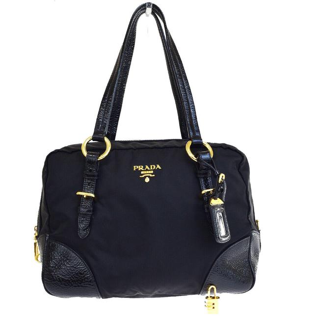 Prada Milano Logo Italy Black Patent Leather Nylon Shoulder Bag
