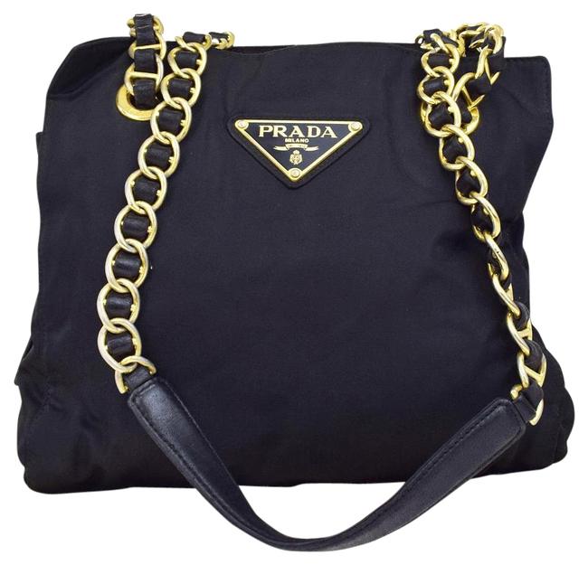 Prada Milano Logos Chain Nylon Leather Black Italy Shoulder Bag