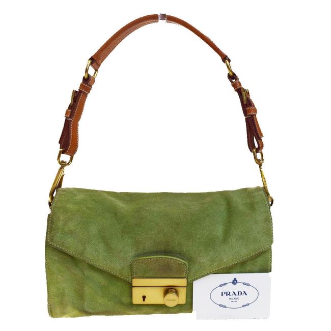 Prada Milano Logos Suede Green Leather Shoulder Bag