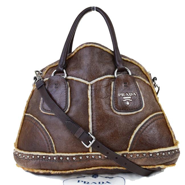 Prada Milano Logos Wrinkle Italy 63bj988 Brown Leather Shoulder Bag