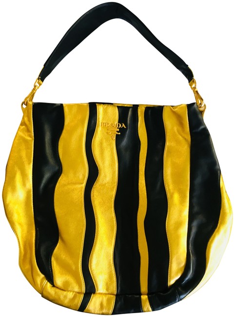 Prada Nappa Stripes Br3934 Black and Gold Lambskin Leather Shoulder Bag