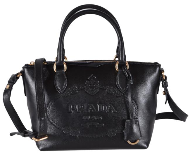 Prada New Borsa A Mano Embossed Logo Handbag Black Leather Shoulder Bag