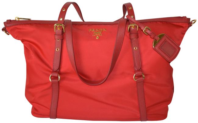 Prada New Leather Womens Tote Purse Rosso Nylon Shoulder Bag