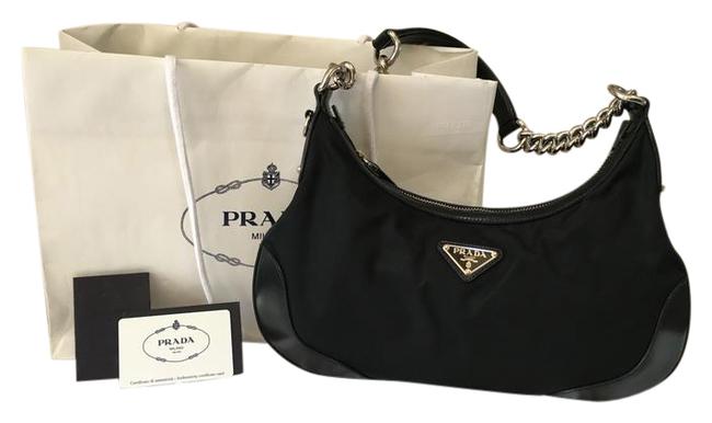 Prada New Silver Chain Strap Trim Black Leather  Nylon Shoulder Bag