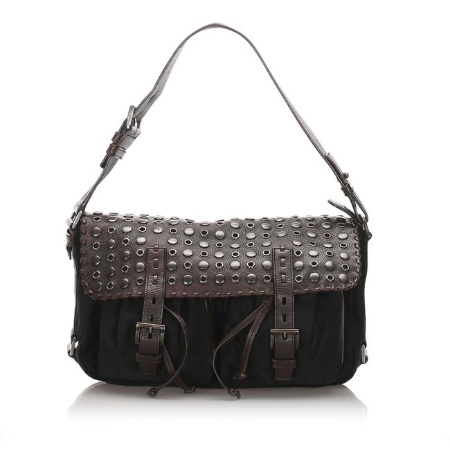 Prada Nylon Grommet Black Leather Shoulder Bag