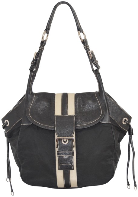Prada NylonLeather Stripe BlackIvory NylonLeather Shoulder Bag