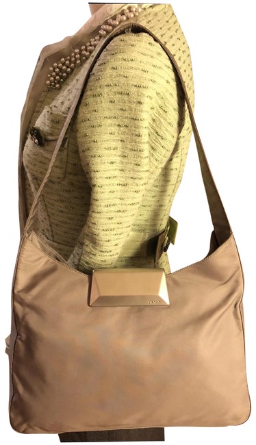 Prada NylonSilver Logo Hardware TaupeSilver Nylon Shoulder Bag