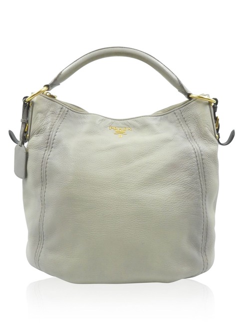 Prada Hobo Handbag Ombre Brown Trim Pebbled Gray Leather Shoulder Bag