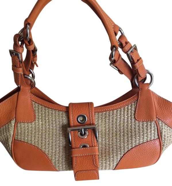 Prada Orange Straw and Leather Shoulder Bag